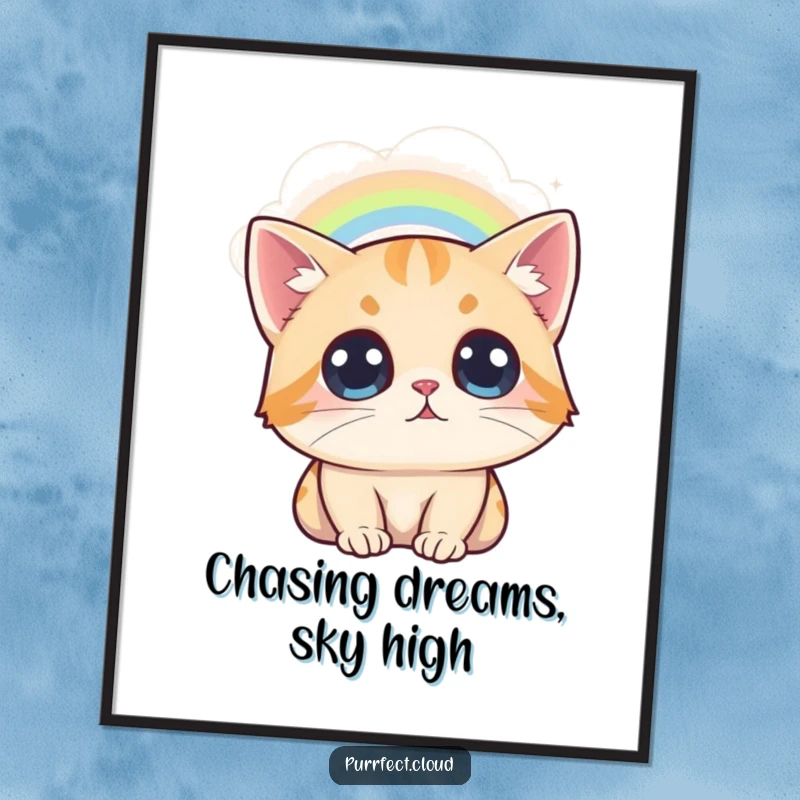Free Printable wall art: a wide-eyed cat perched on a cloud, its gaze fixed admiringly on a vivid, arcing rainbow.