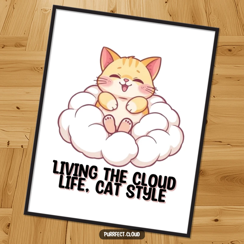 Funny Free Printable Cat Wall Art: a happy cat blissfully rolling in a pile of soft, fluffy clouds, pure dreaminess.
