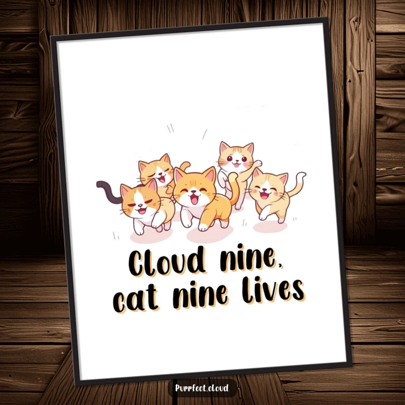 Funny Free Printable Wall Art: A group of cats joyfully chase each other across a vibrant, cloudy sky, full of playful energy.