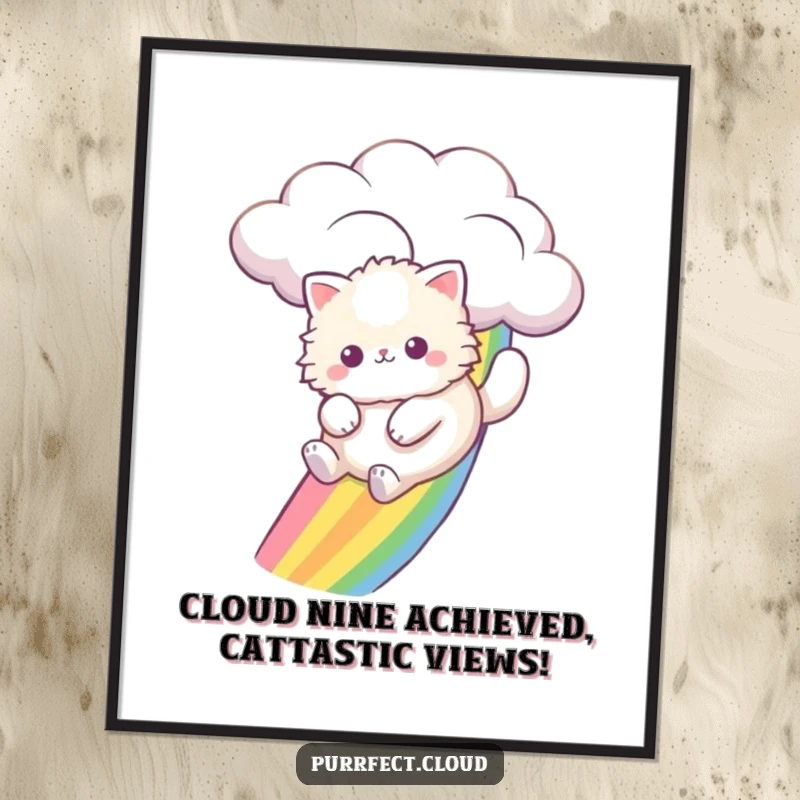 Funny free printable wall art: A fluffy cat joyfully slides down a vivid rainbow from a fluffy cloud.