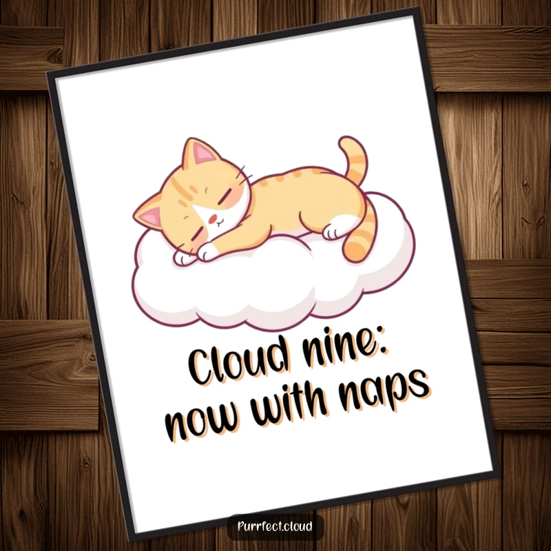 Funny Free Printable Wall Art: A cat is deeply relaxed, stretching out on a big, soft, puffy cloud.
