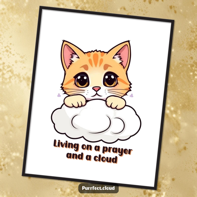 Funny Free Printable Wall Art: A curious cat with wide, inquisitive eyes peers over the edge of a fluffy cloud.