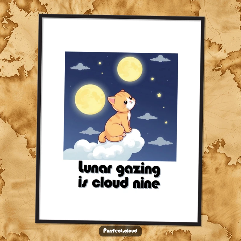 Funny Free Printable Wall Art: A cat sits on a cloud, gazing at the moon, creating a humorous and enchanting downloadable art piece.