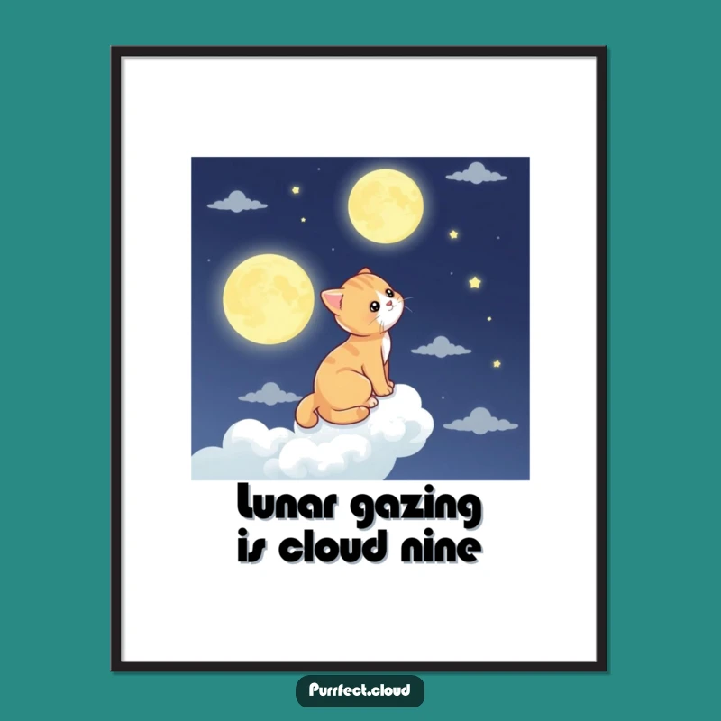 Free Printable Wall Art: Moon Gazing Cat Cloud, Funny Downloadable Art Gift