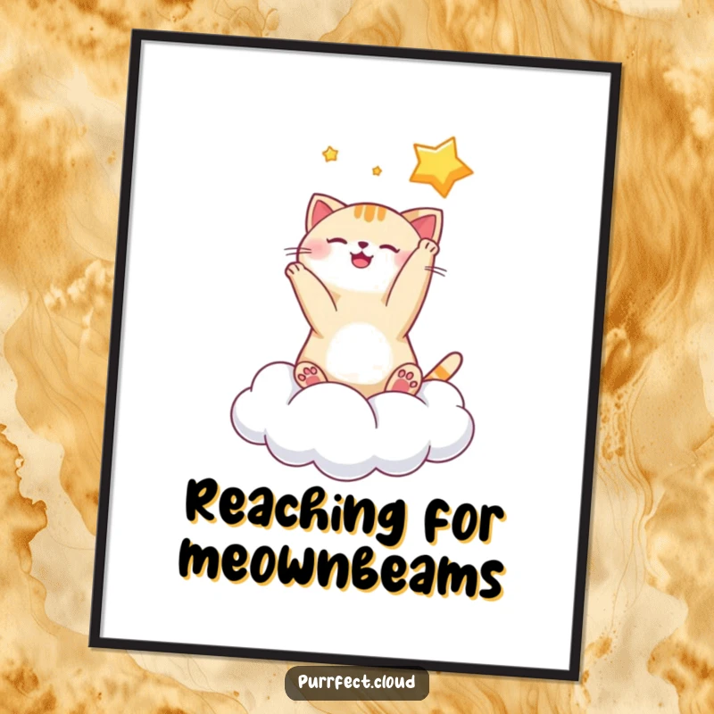 Funny Free Printable Wall Art of a playful cat batting at a glowing star while sitting on a fluffy cloud.