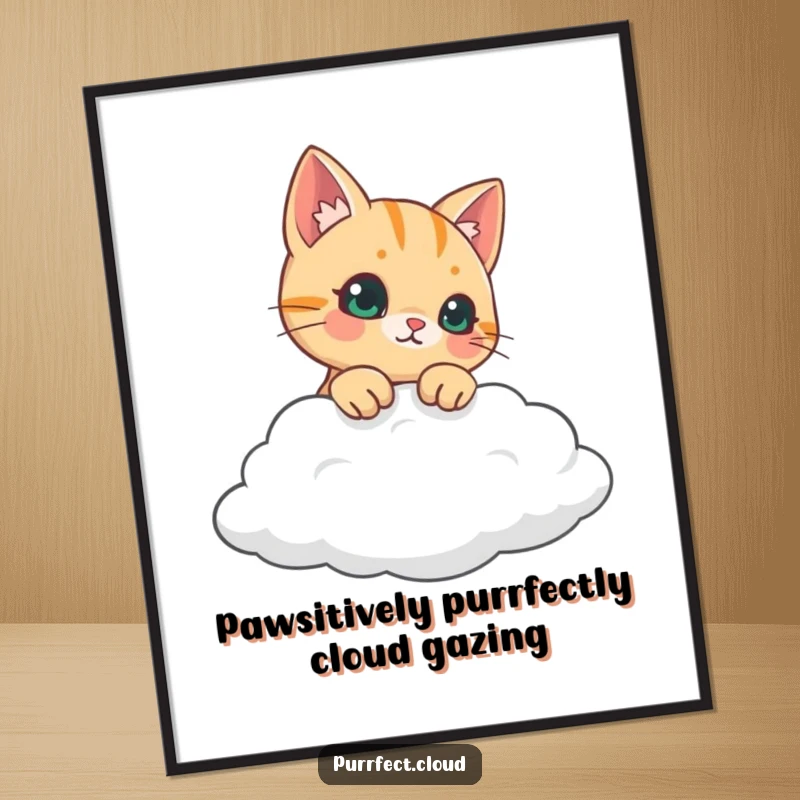 Funny Free Printable Wall Art: A curious cat's head peeking over a fluffy cloud, adding a touch of mischief.