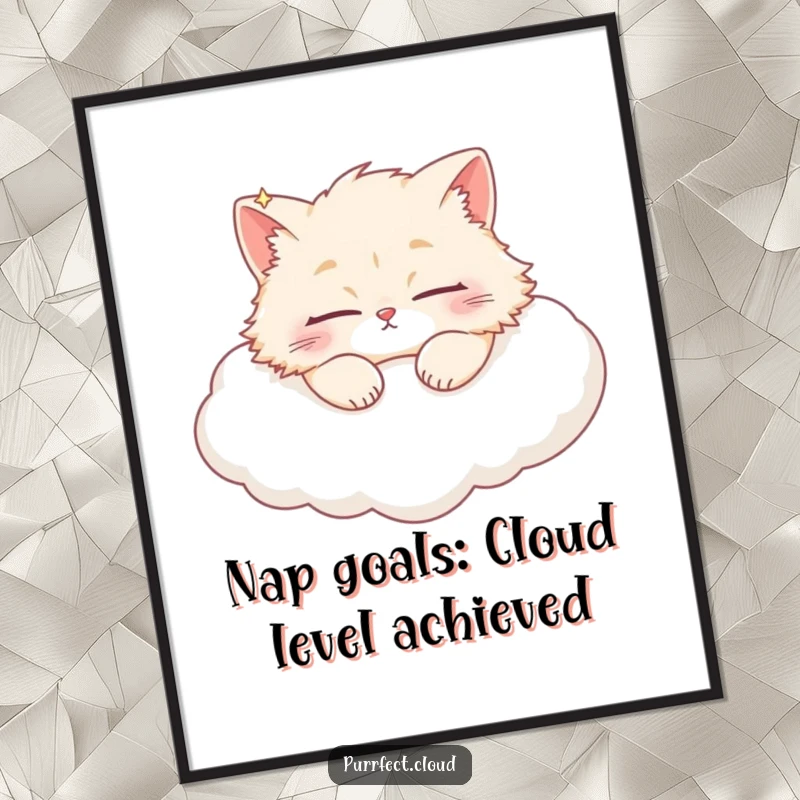Funny free printable wall art: A fluffy cat with wide eyes sleeps soundly on a large, puffy white cloud.