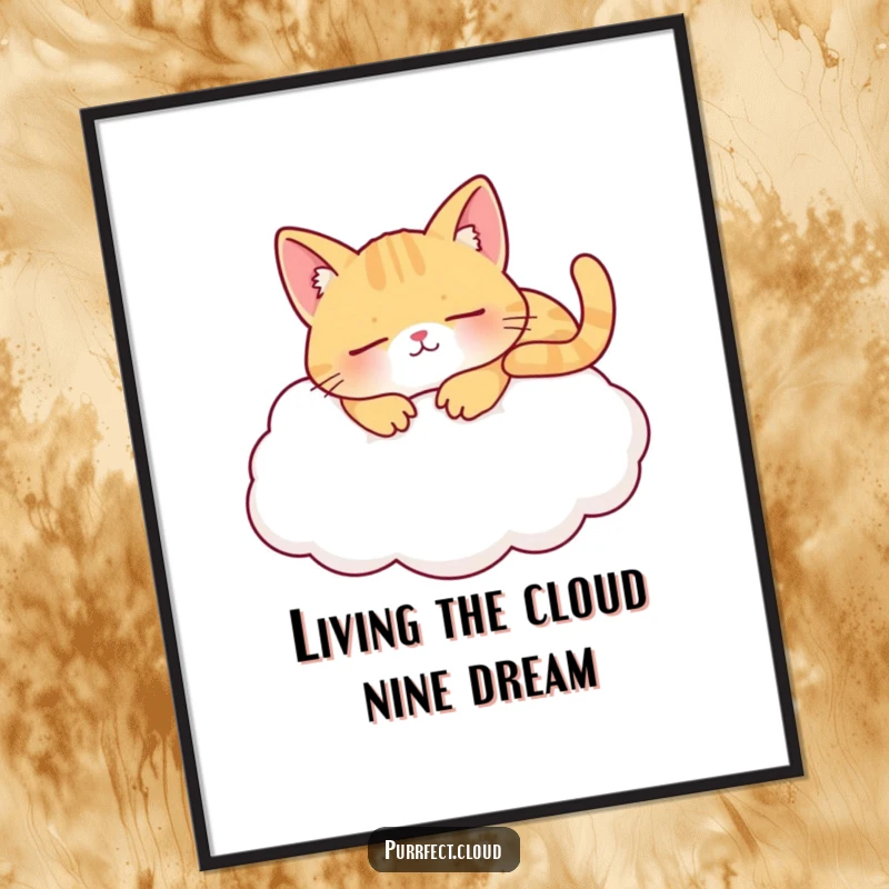 Funny Free Printable Wall Art depicting a cat blissfully napping on a soft white cloud, exuding peace.