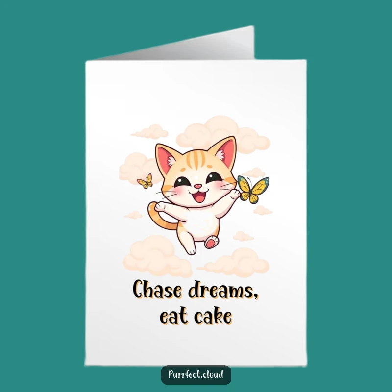 Free Printable Birthday Card: Happy Cat Butterfly Chase - Funny Downloadable Gift Greeting