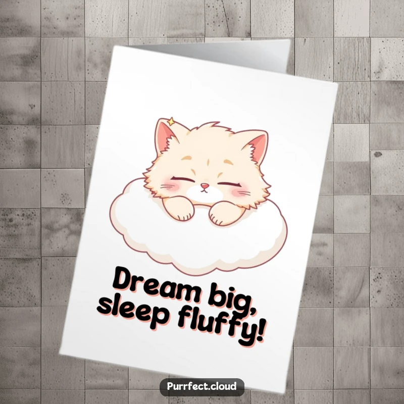 Funny free printable birthday card: Wide-eyed fluffy cat sleeps soundly on a soft, puffy white cloud.