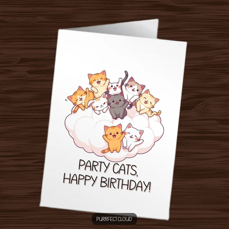 Funny Free Printable Birthday Card with a group of happy cats tumbling and playing joyfully on a large, fluffy white cloud.