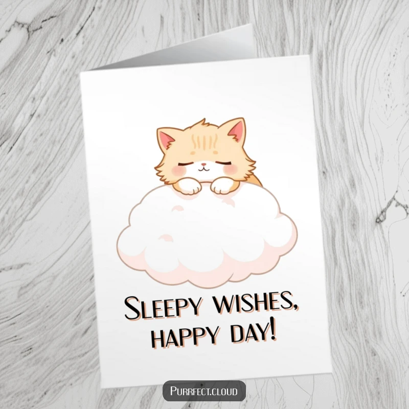 Funny Free Printable Birthday Card with a fluffy cat character peacefully sleeping on a cloud, ready to wish a happy birthday.