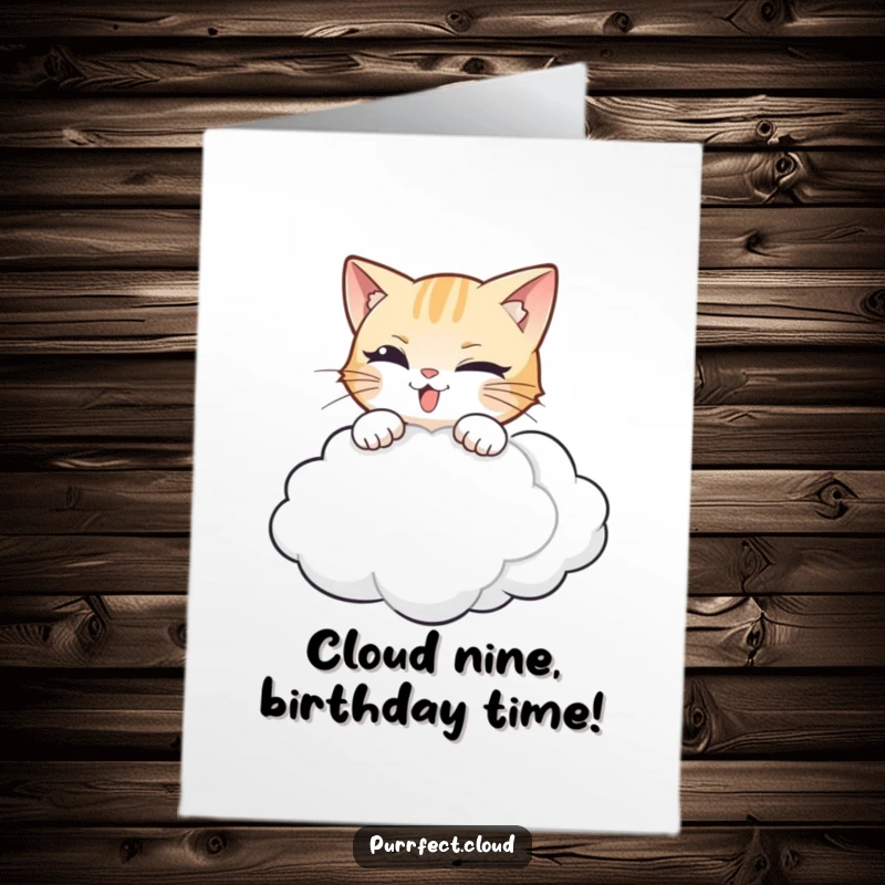 Funny Free Printable Birthday Card: Mischievous cat mid-pounce on a soft cloud, ready for birthday fun.