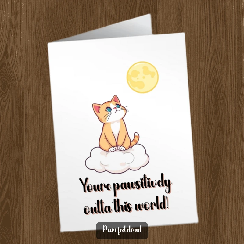 Funny Free Printable Birthday Card: A curious cat sits on a cloud, gazing wistfully at a glowing moon above.
