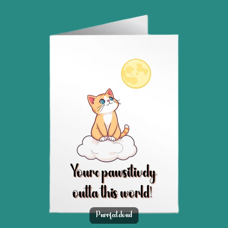 Free Printable Birthday Card: Moon Gazing Cat on Cloud - Funny Downloadable Gift