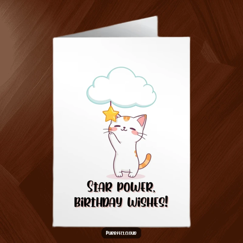 Funny Free Printable Birthday Card with a playful cat batting at a star dangling from a cloud, wishing a fun birthday.