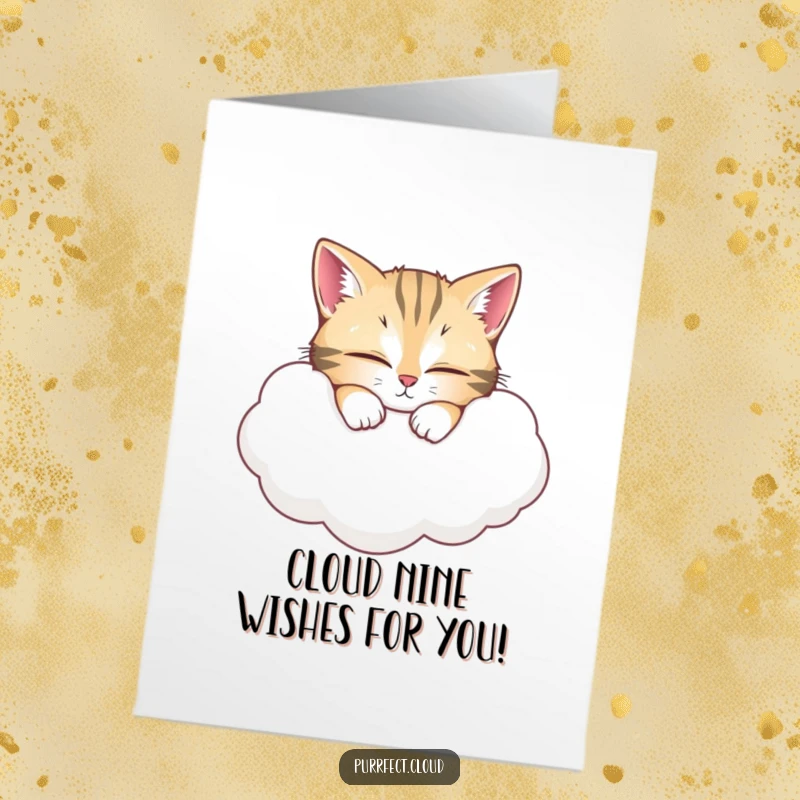 Funny Free Printable Birthday Card featuring a wide-eyed cat napping peacefully on a soft, fluffy white cloud, a whimsical design.