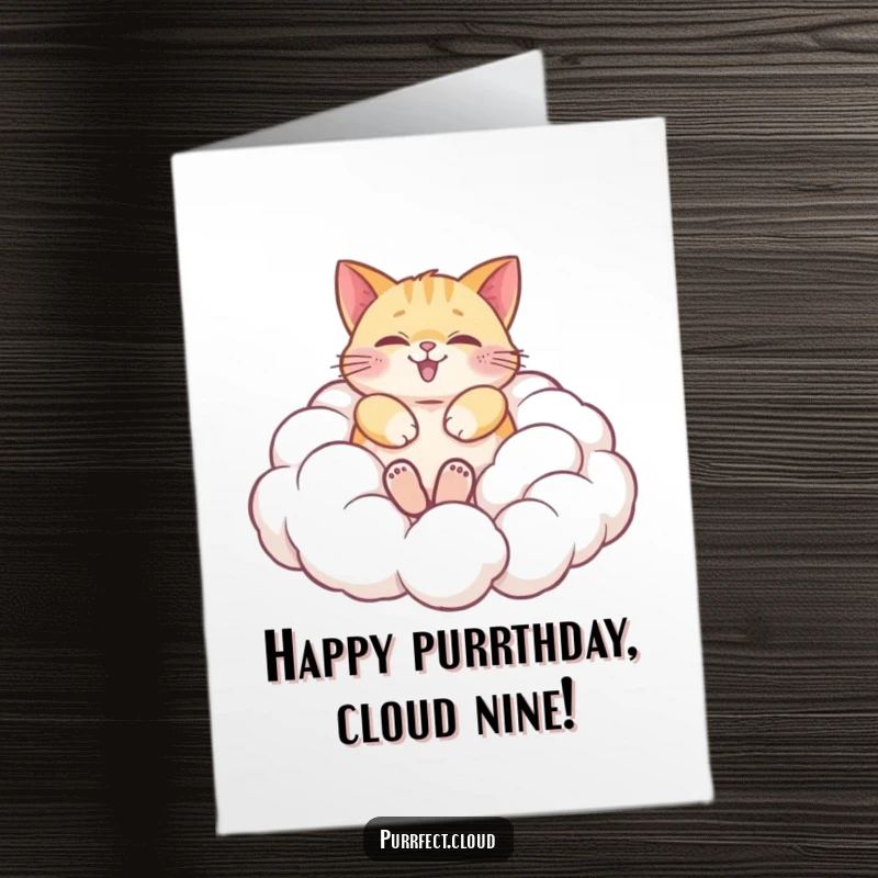 Funny Free Printable Birthday Card featuring a blissfully happy cat rolling in soft, fluffy clouds, embodying pure contentment.