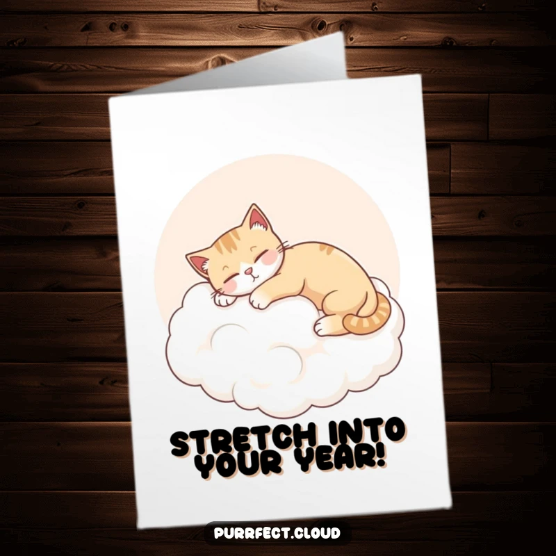 Free Printable birthday card: a content cat happily stretching its body on a soft, fluffy cloud tinted with pink hues.