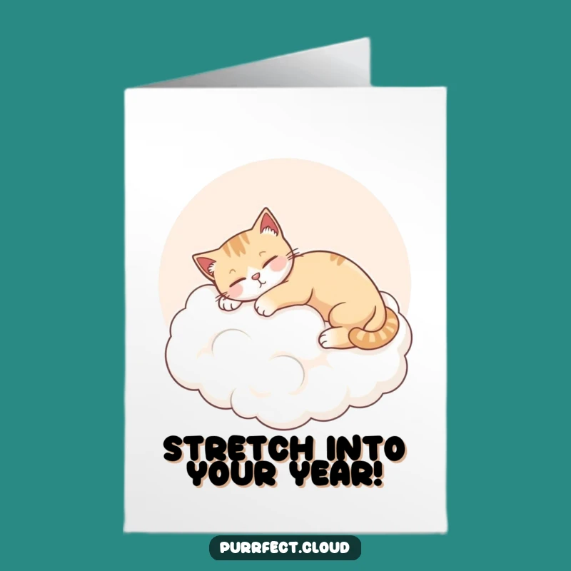 Free Printable Content Cat Birthday Card: Pink Cloud Stretch Downloadable Gift