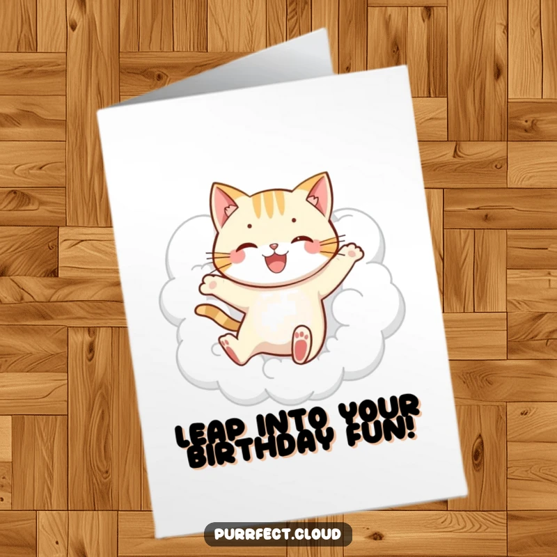 Funny Free Printable Birthday Card: A playful cat character leaps joyfully through a soft, fluffy white cloud.