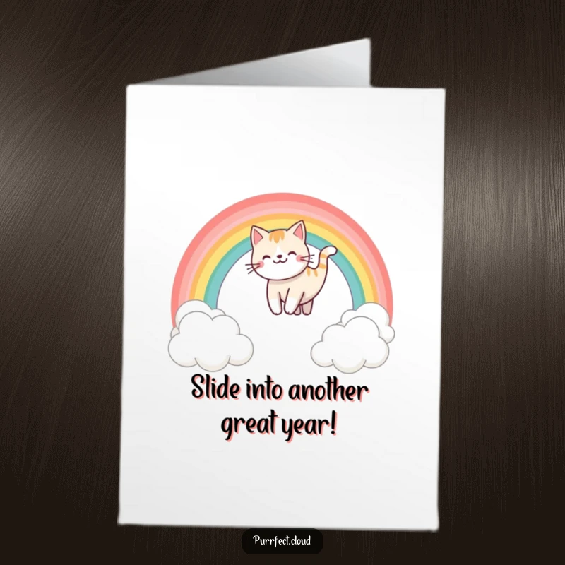 Funny Free Printable Birthday Card: A happy cat slides joyfully down a vibrant rainbow arching over fluffy clouds.