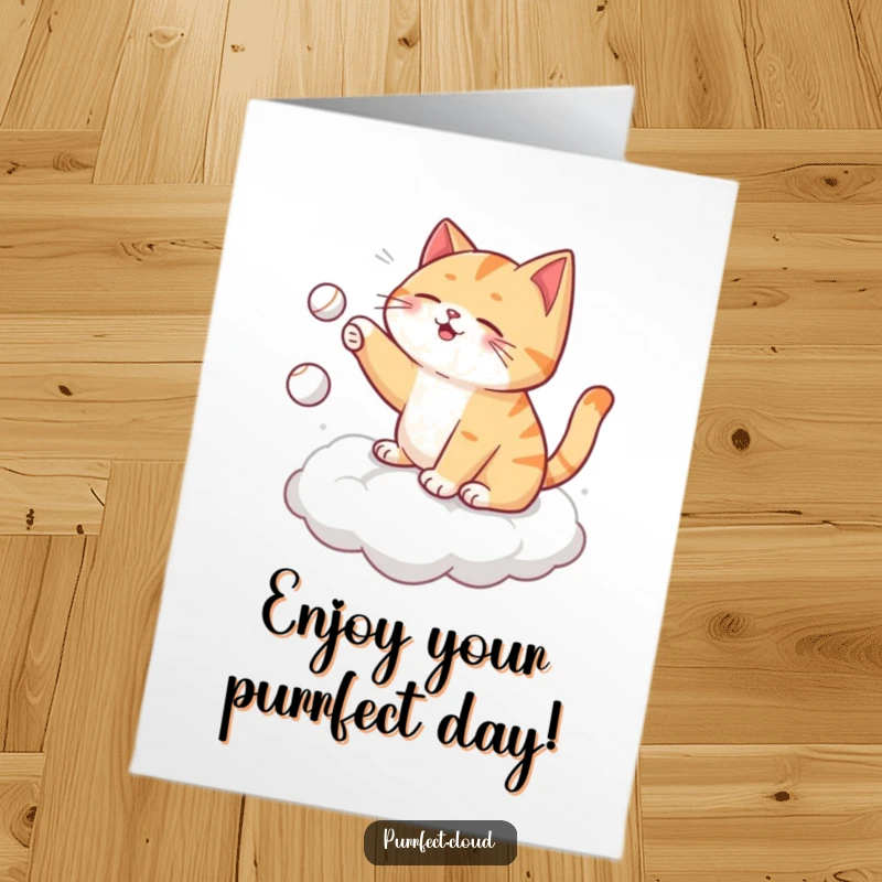 Funny Free Printable Birthday Card: A cat plays fetch with itself on a cloud, tossing a tiny ball with glee.