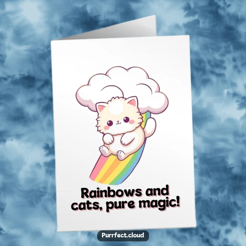 Funny free printable birthday card: Fluffy cat joyfully slides down a vibrant rainbow from a cloud.