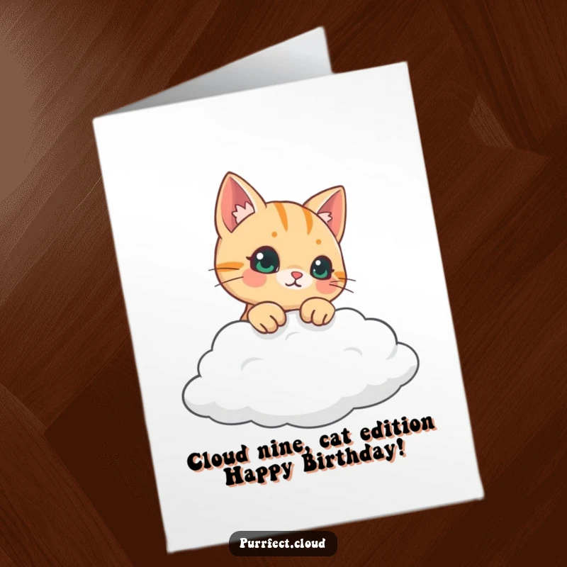 Funny Free Printable Birthday Card: Curious cat's head peeking over a fluffy white cloud, looking down playfully.