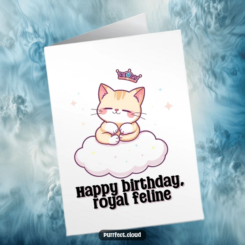 Free Printable Birthday Card: A regal cat lounges on a cloud covered in sparkling stars.