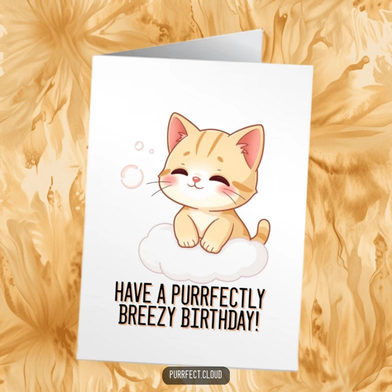 Funny Free Printable Birthday Card: Cat playfully swatting at a gentle puff of wind while sitting on a fluffy cloud.