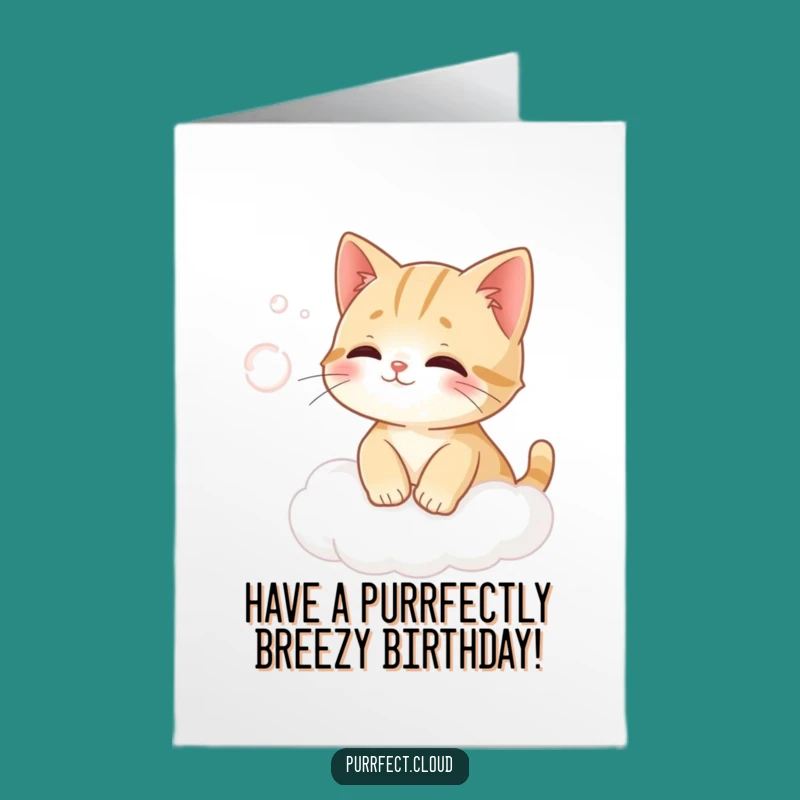Free Printable Birthday Card: Cat Chasing Wind on Cloud, Whimsical Dream!
