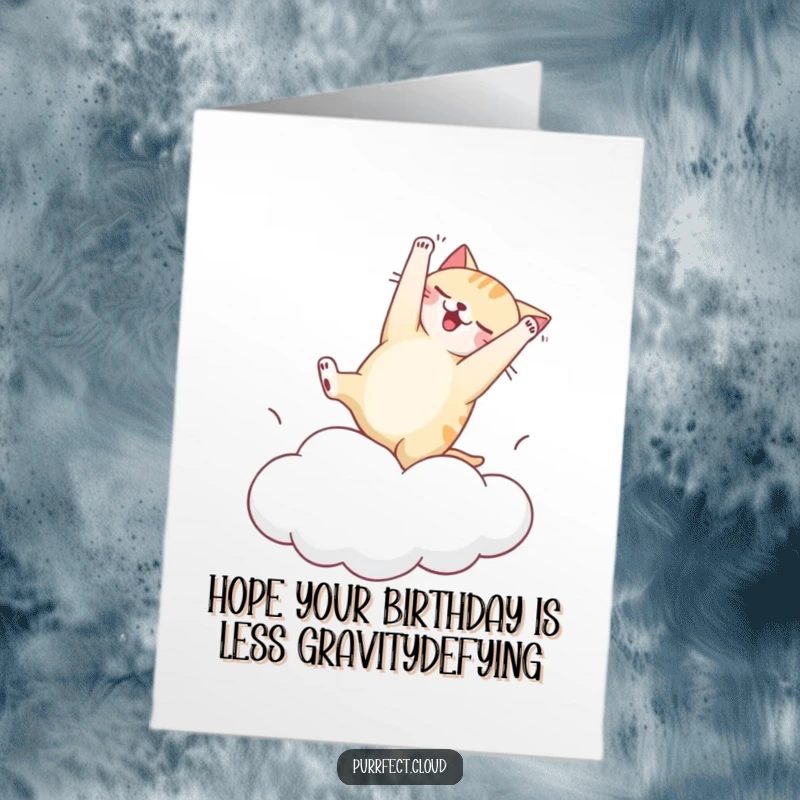 Funny Free Printable Birthday Card featuring a cat mid-somersault, tumbling comically on a bouncy cloud.
