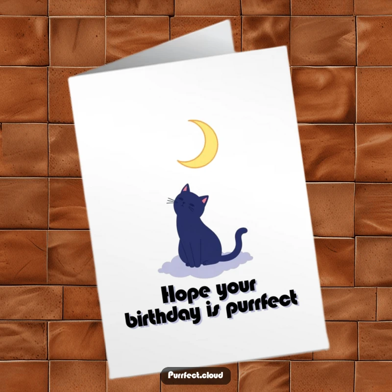 Free Printable Birthday Card: A black cat silhouette gazes up at a crescent moon from a cloud.