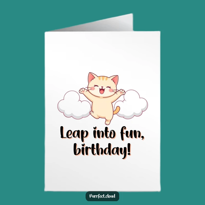 Free Printable Joyful Cat Birthday Card: Leaping Cloud Fun Downloadable Gift