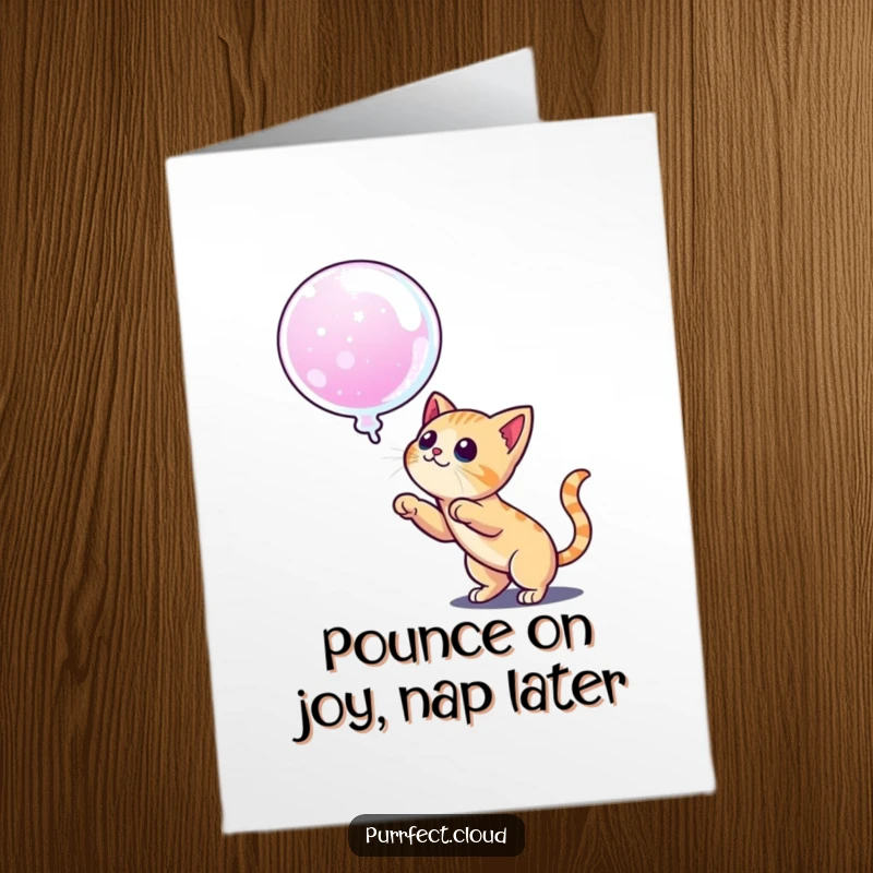 Funny Free Printable Birthday Card: A mischievous cat crouches, ready to pounce on a shimmering dream bubble floating past.