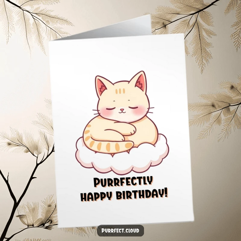 Funny Free Printable Birthday Card: A content cat curled up peacefully on a soft cloud, purring with joy.