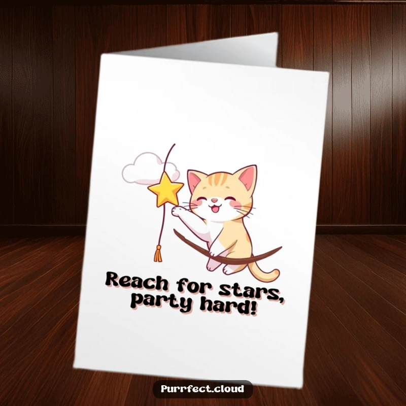 Funny free printable birthday card: Playful cat reaches out a paw to bat at a dangling star from a cloud.
