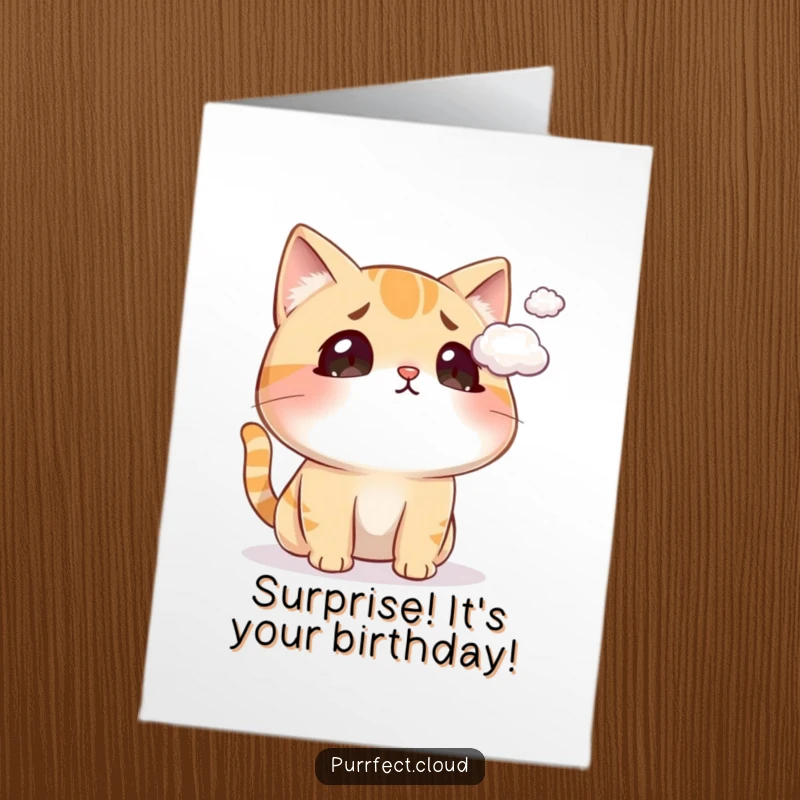 Funny Free Printable Birthday Card: a cat's nose is tickled by a tiny cloud, causing a comical surprised expression.