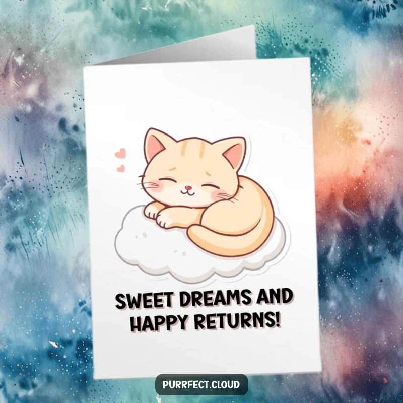 Funny Free Printable Birthday Card featuring a happy cat curled up, dreaming with a smile on a fluffy cloud.