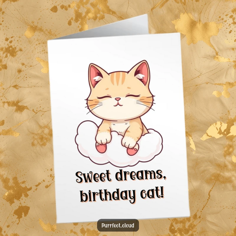 Funny Free Printable Birthday Card: A cat with closed eyes peacefully enjoys a serene ride on a soft cloud.