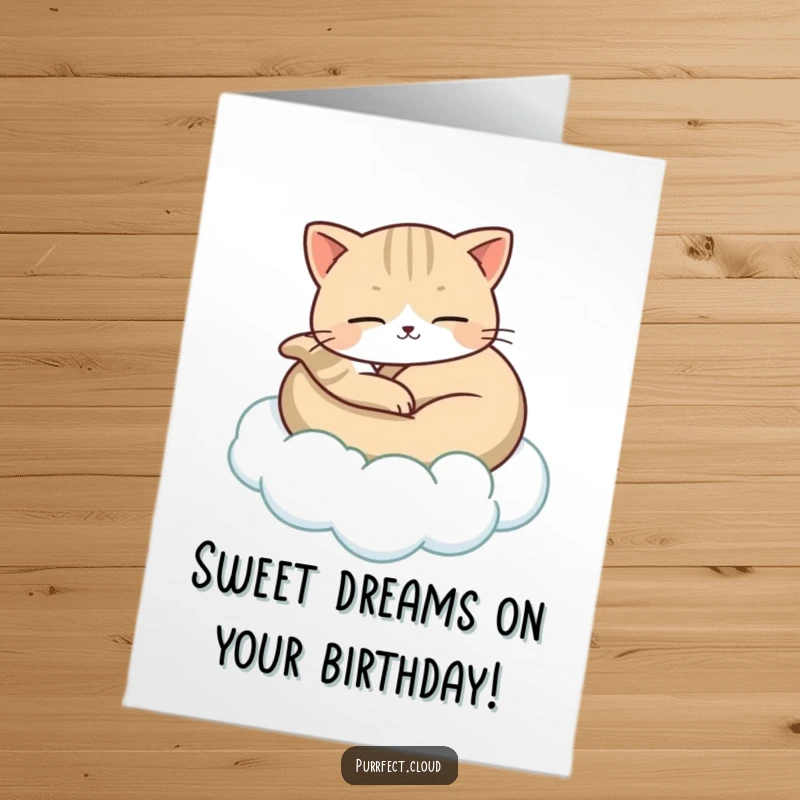 Funny Free Printable Birthday Card showing a cat peacefully curled up, being gently carried by a soft, floating cloud.