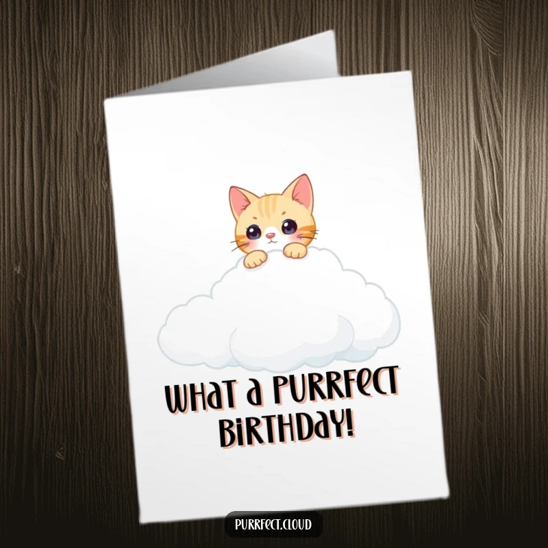 Funny Free Printable Birthday Card featuring a curious cat peeking over the edge of a fluffy cumulus cloud.