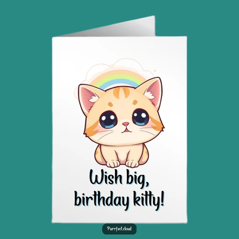 Free Printable Wide-Eyed Cat Birthday Card: Rainbow Cloud Wonder Downloadable Gift