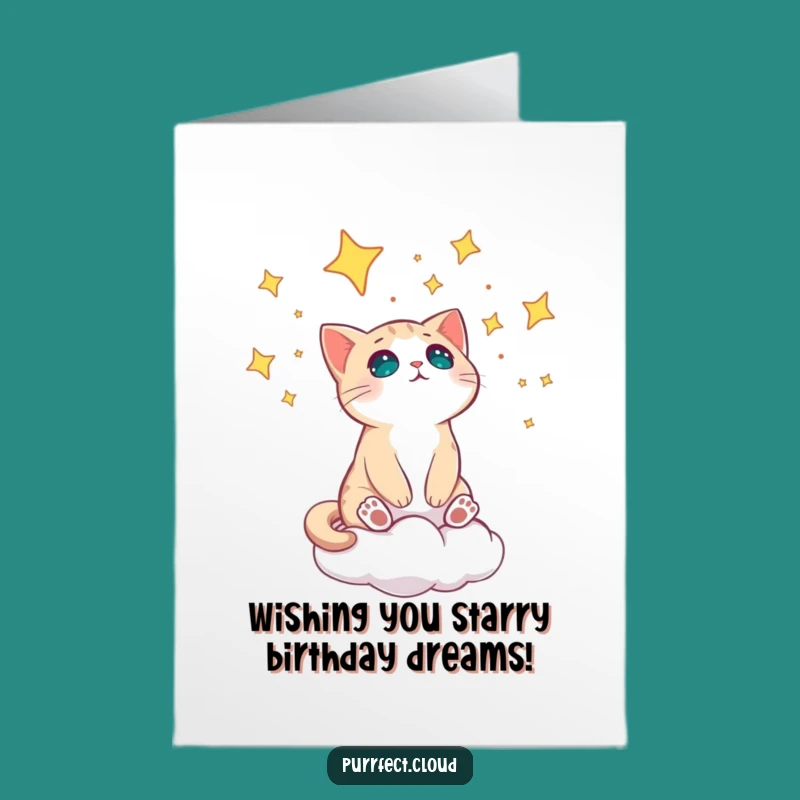 Free Printable Birthday Card: Amazed Cat on Cloud Stargazing, Magical Wishes!