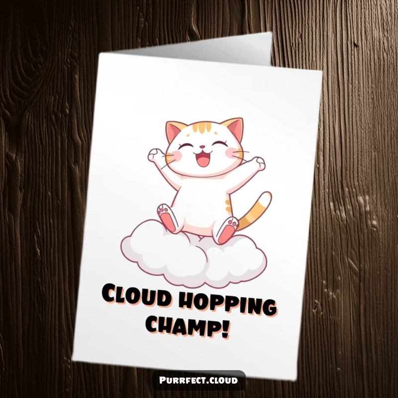Funny Free Printable Congratulations Card: A cat joyfully leaping across a sky of fluffy clouds.