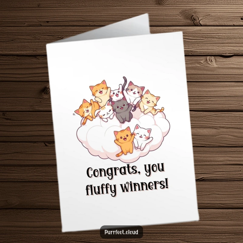 Funny Free Printable Congratulations Card depicting several cats tumbling gleefully across a big, soft cloud, a lively scene.