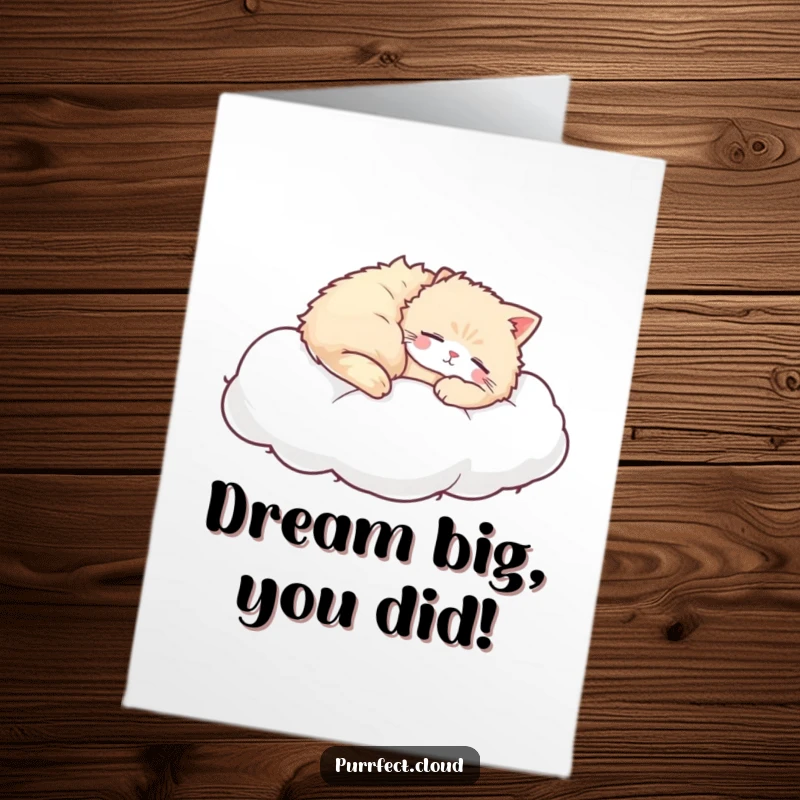 Free Printable congratulations card: a fluffy cat sound asleep, resting peacefully on a soft, billowy white cloud.