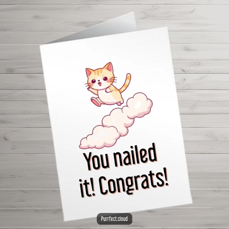 Funny Free Printable Congratulations Card: A determined cat jumps with agility between clouds, symbolizing achievement.