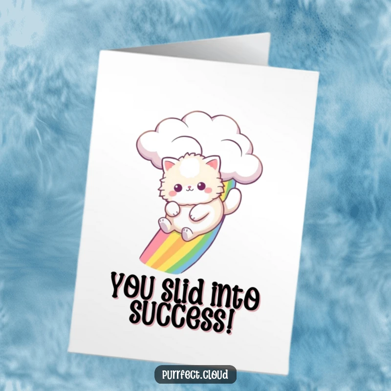 Funny free printable congratulations card: Fluffy cat gleefully slides down a rainbow from a cloud.